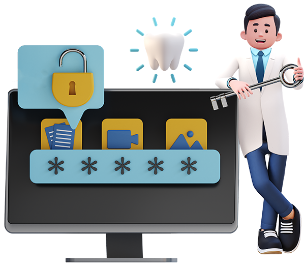 Illustrazione - sezione Area riservata Illustrazione di un dentista con una chiave in mano e di fianco un monitor che rappresenta l'inserimento di una password su schermo
