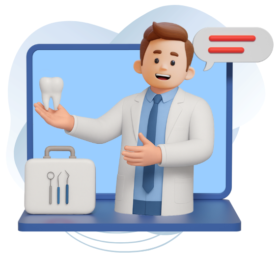 Illustrazione - sezione Assistenza Odontoiatrica online e a casa Illustrazione di un dentista che spunta fuori da uno computer con in mano un dente e a fianco una valigetta