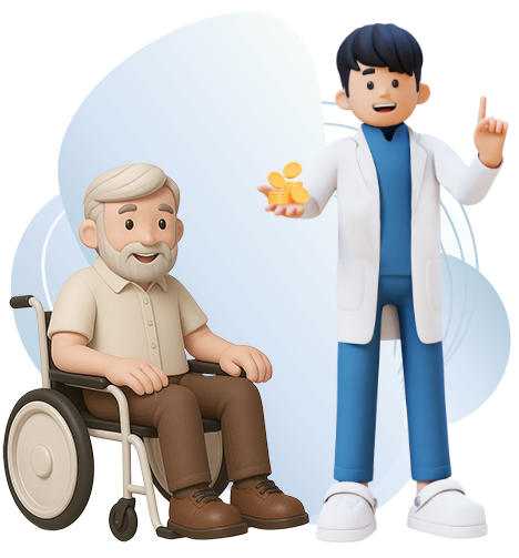 Illustrazione - sezione Long Term Care Illustrazione di un dentista con in mano dei soldi e un anziano con bin sedia a rotelle