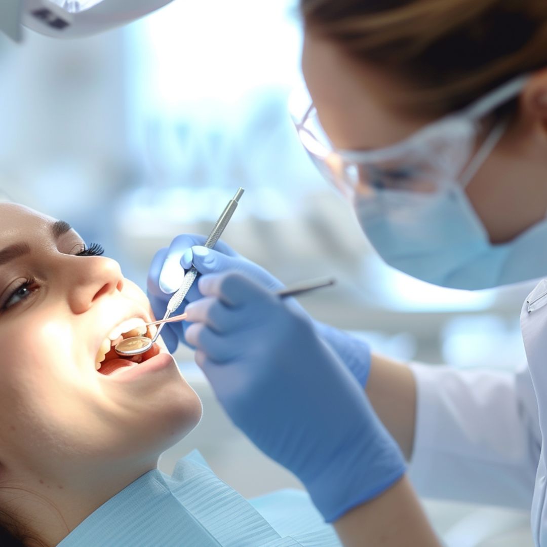 Dentista che controlla i denti ad una paziente